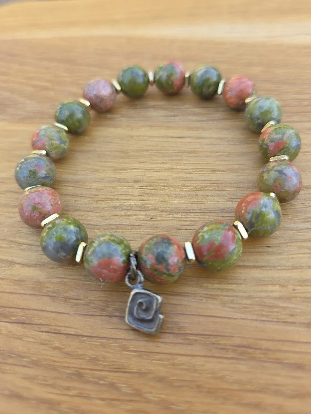 Green & Pink Unakite Beads Stretch Bracelet - Handcrafted